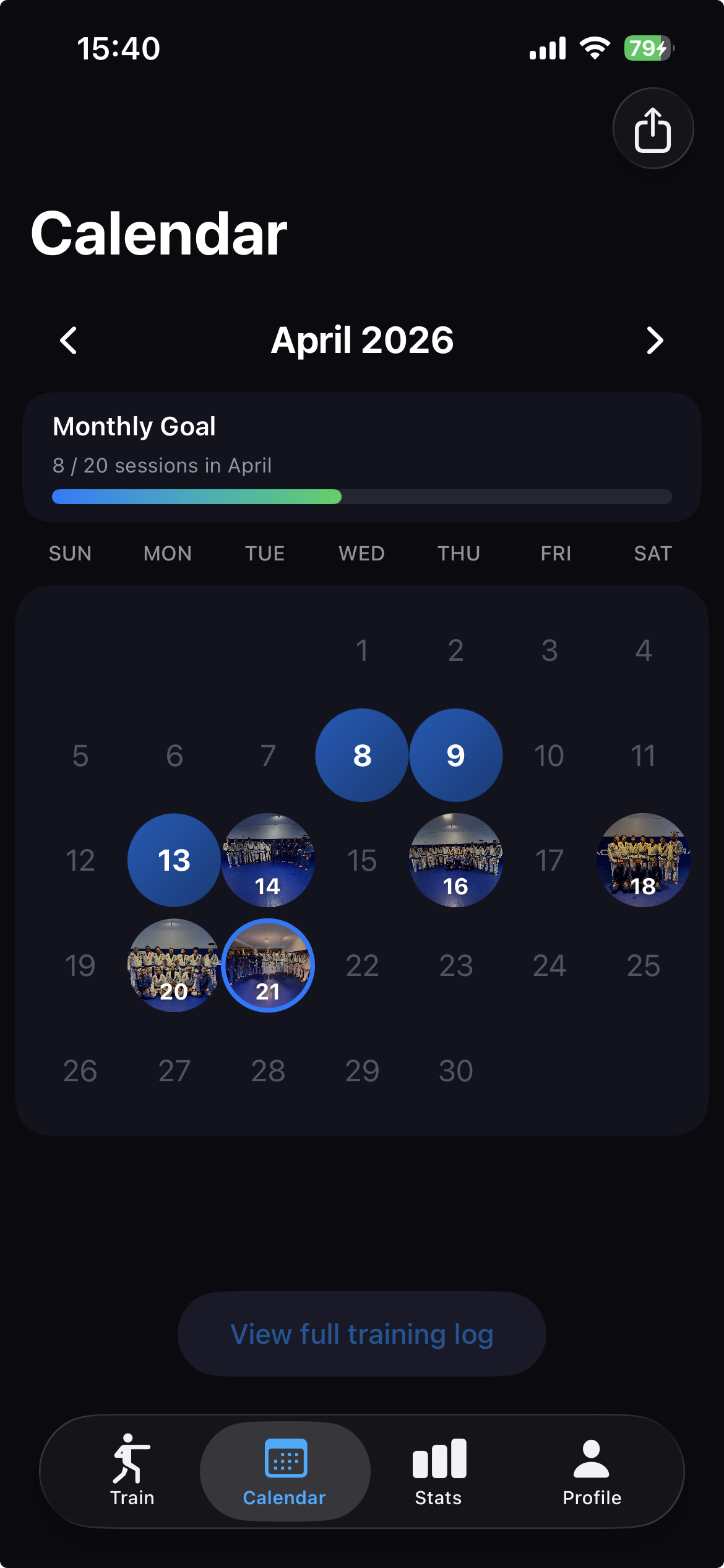 Monthly training calendar showing mat days and session highlights