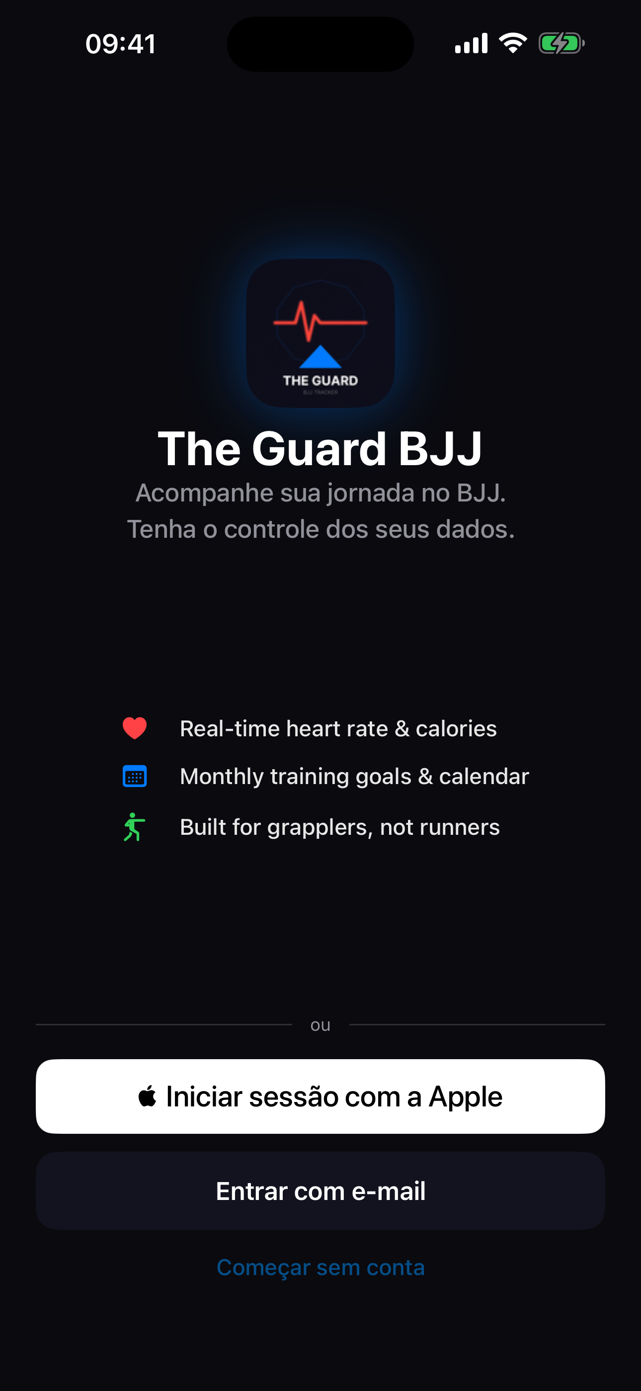 Tela inicial do iOS com widgets do The Guard BJJ mostrando estatísticas de treino