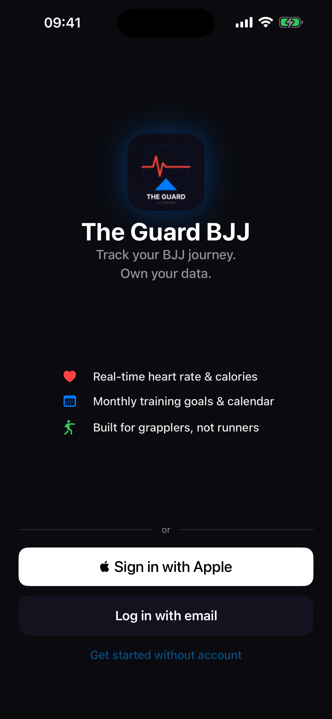 iOS home screen with The Guard BJJ widgets showing training stats at a glance