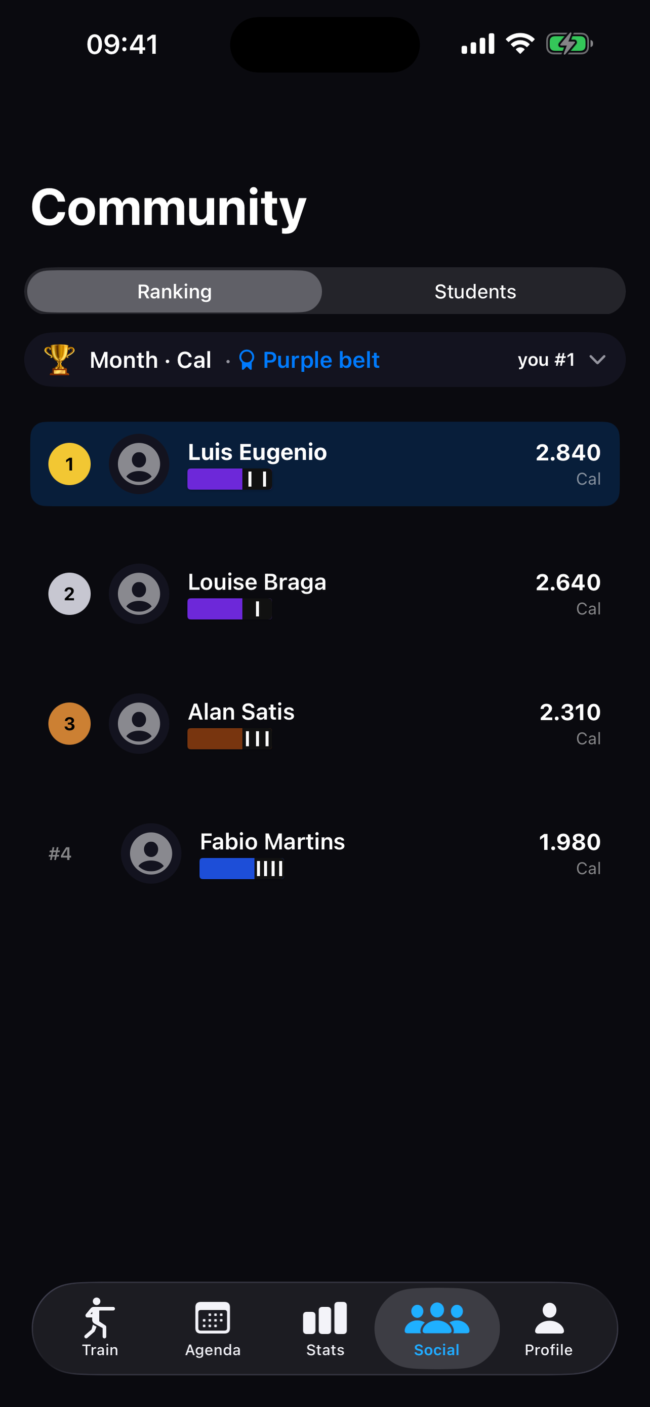 Community screen showing the monthly calorie ranking by belt, with the current user in first place and their training partners below