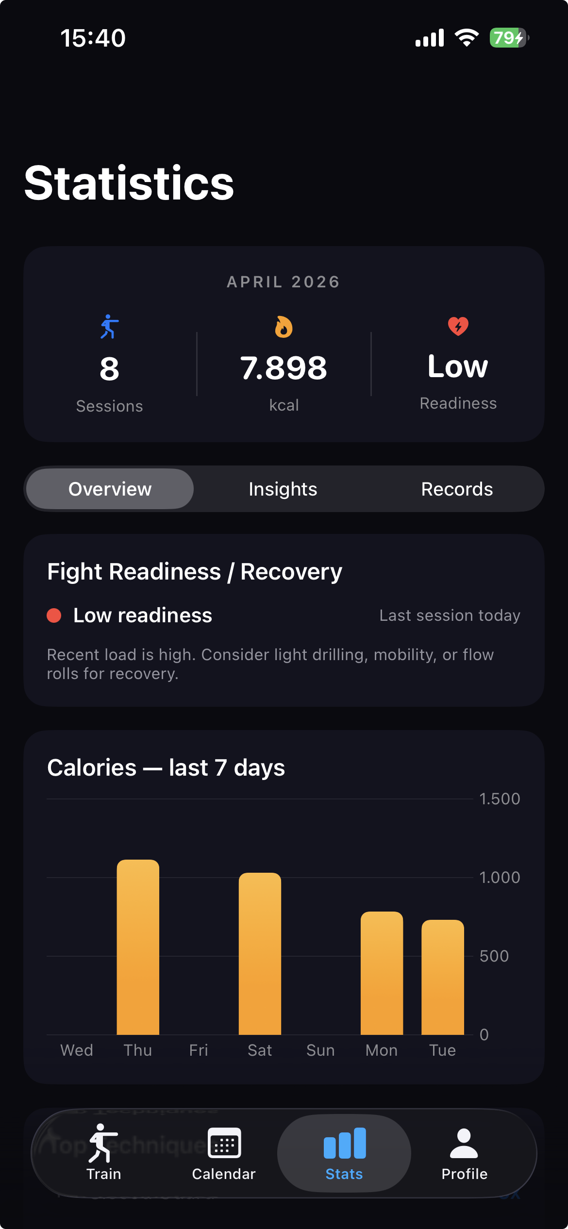 Statistics dashboard with sessions, calories, fight readiness, and milestones